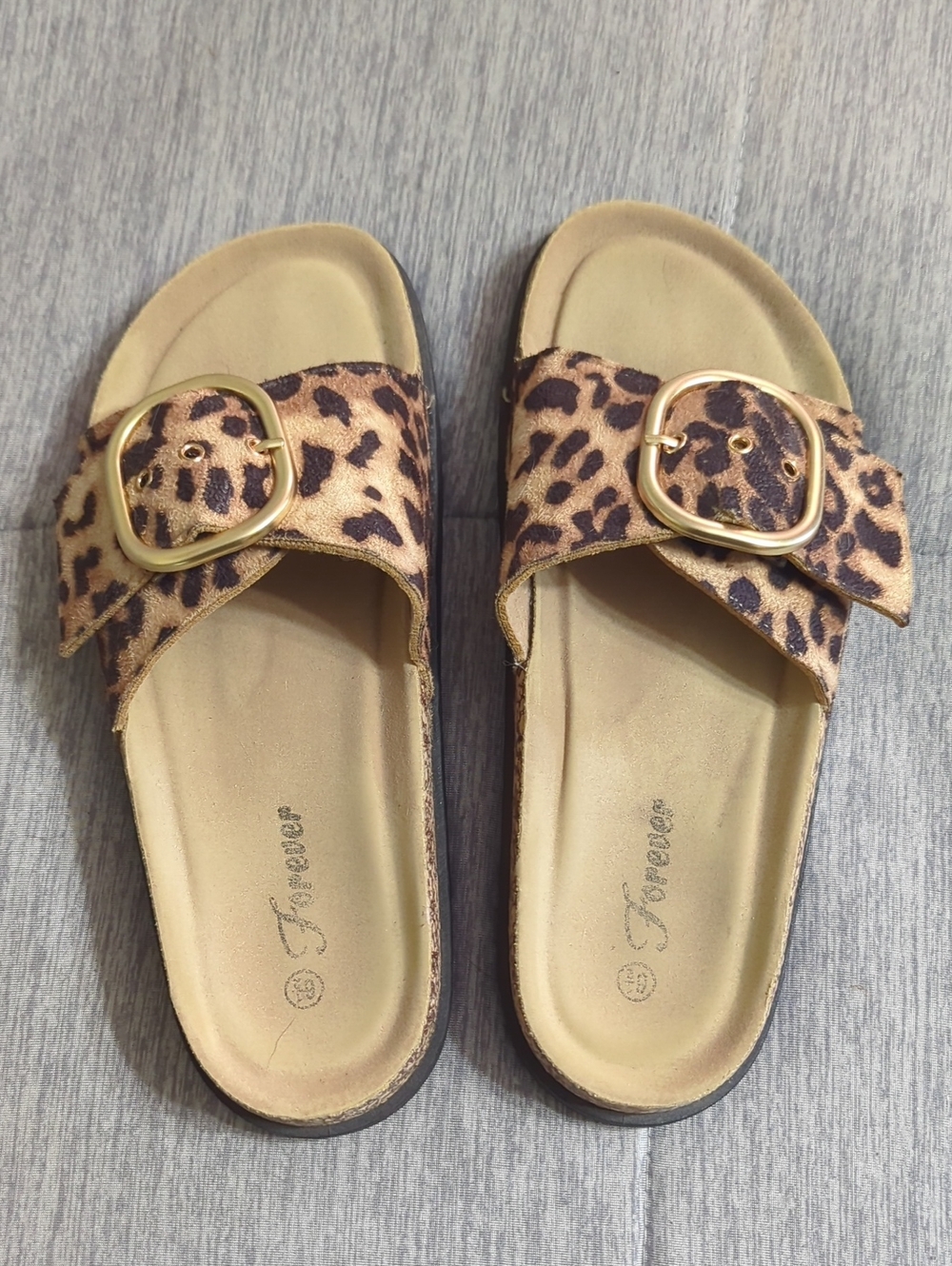 Leopard Print Slide Sandals with Gold Buckles